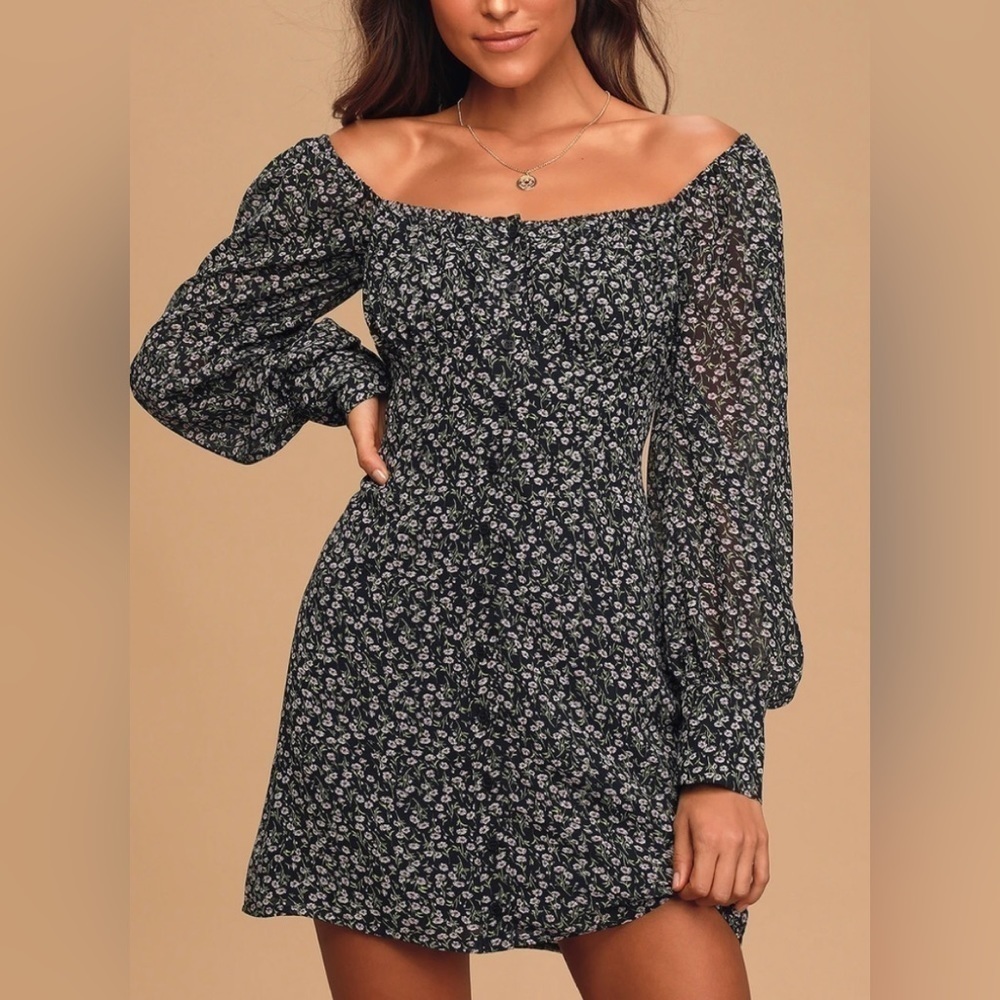Lulu's Black Floral Off-Shoulder Mini Dress